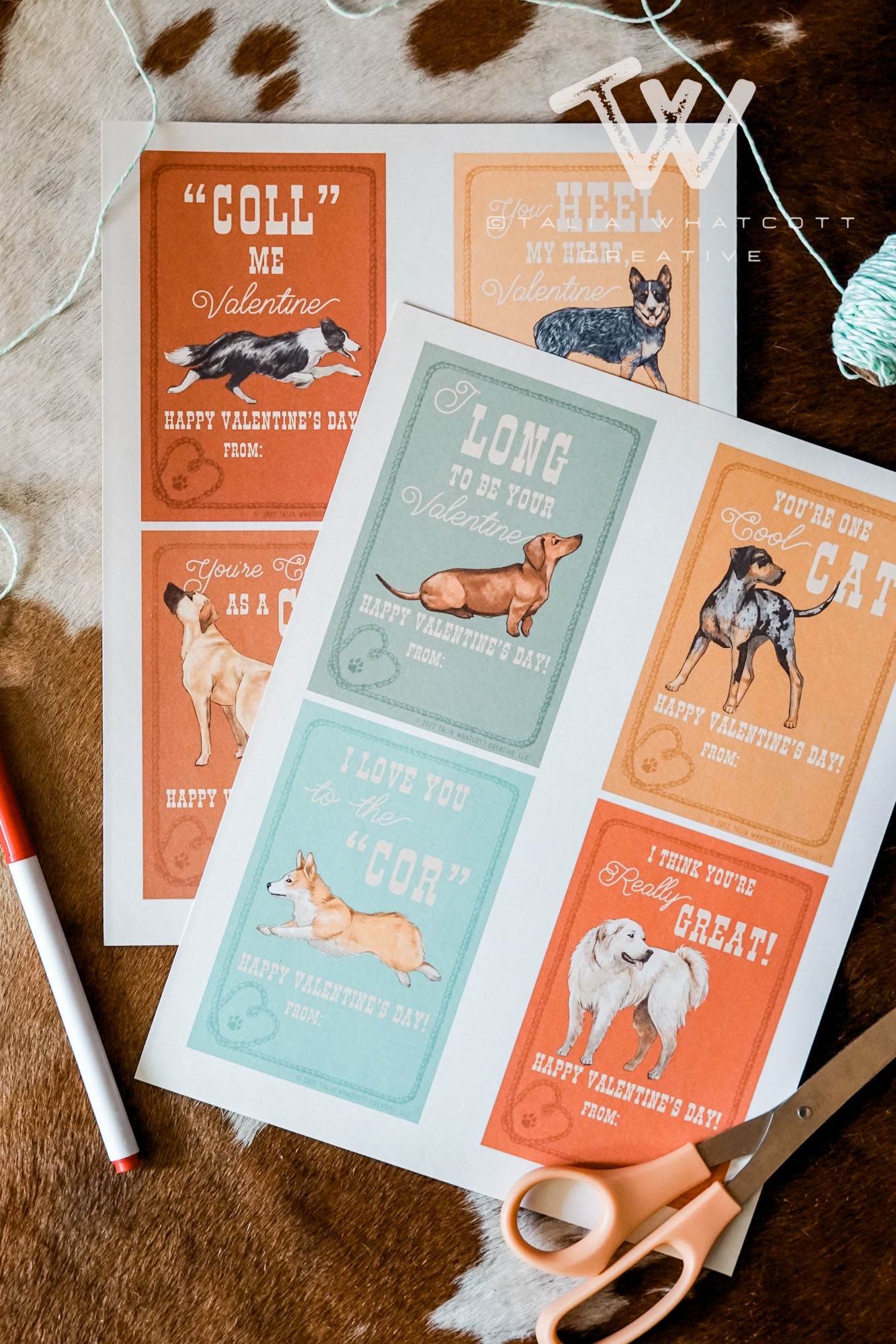 Cow Dogs Valentine Cards Digital Printable