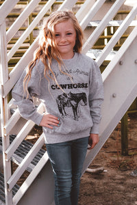 “My Spirit Animal is a Cowhorse” Kids Sweatshirt in Heather Gray