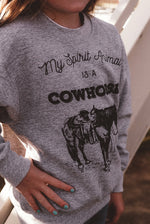 Load image into Gallery viewer, “My Spirit Animal is a Cowhorse” Kids Sweatshirt in Heather Gray
