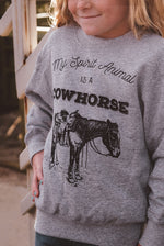 Load image into Gallery viewer, “My Spirit Animal is a Cowhorse” Kids Sweatshirt in Heather Gray
