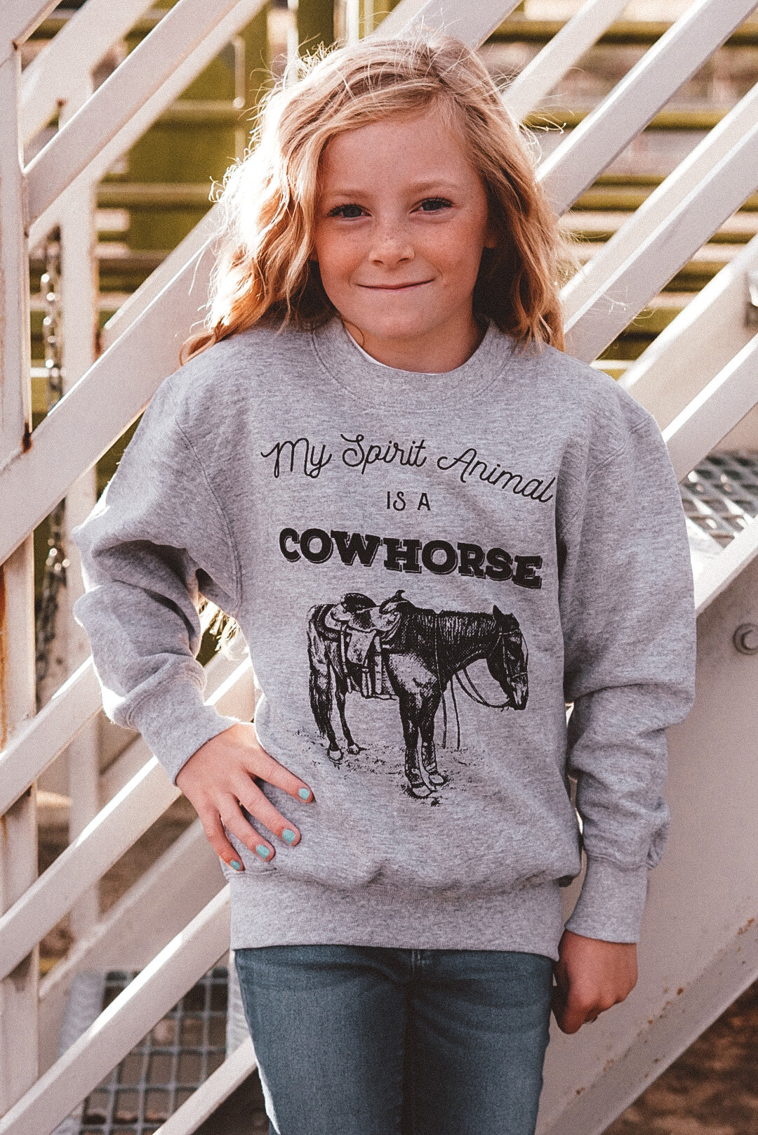 “My Spirit Animal is a Cowhorse” Kids Sweatshirt in Heather Gray